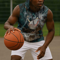 Atum Sleeveless Hoodie Ancient Egyptian Teal Marble Smoke, Solar Barque Crown, Creator Deity Statue - Wonder Print Shop