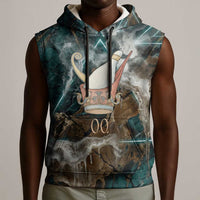 Atum Sleeveless Hoodie Ancient Egyptian Teal Marble Smoke, Solar Barque Crown, Creator Deity Statue - Wonder Print Shop
