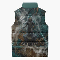 Atum Sleeveless Puffer Jacket Ancient Egyptian Teal Marble Smoke, Solar Barque Crown, Creator Deity Statue - Wonder Print Shop