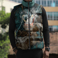 Atum Sleeveless Puffer Jacket Ancient Egyptian Teal Marble Smoke, Solar Barque Crown, Creator Deity Statue - Wonder Print Shop