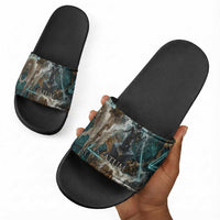 Atum Slide Sandals Ancient Egyptian Teal Marble Smoke, Solar Barque Crown, Creator Deity Statue - Wonder Print Shop