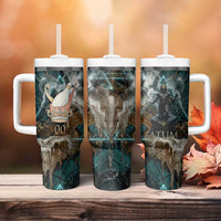 Atum Tumbler With Handle Ancient Egyptian Teal Marble Smoke, Solar Barque Crown, Creator Deity Statue - Wonder Print Shop