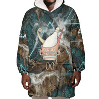 Atum Wearable Blanket Hoodie Ancient Egyptian Teal Marble Smoke, Solar Barque Crown, Creator Deity Statue - Wonder Print Shop