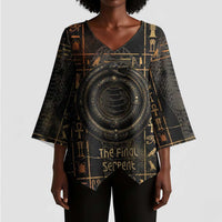Atum Ancient Egyptian Kimono Sleeve Blouse with Dark Hieroglyph Grid, Ouroboros Serpent Ring and The Final Serpent - Wonder Print Shop