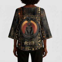 Atum Ancient Egyptian Kimono Sleeve Blouse with Dark Hieroglyph Grid, Ouroboros Serpent Ring and The Final Serpent - Wonder Print Shop