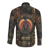 Atum Ancient Egyptian Long Sleeve Button Shirt with Dark Hieroglyph Grid, Ouroboros Serpent Ring and The Final Serpent - Wonder Print Shop