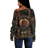 Atum Ancient Egyptian Off Shoulder Sweater with Dark Hieroglyph Grid, Ouroboros Serpent Ring and The Final Serpent - Wonder Print Shop