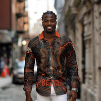 Bennu Long Sleeve Button Shirt Ancient Egyptian Lava Crack Texture, Phoenix Firebird and Reborn from Chaos - Wonder Print Shop