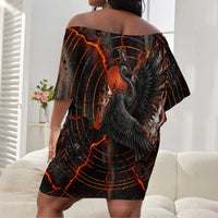 Bennu Off Shoulder Short Dress Ancient Egyptian Lava Crack Texture, Phoenix Firebird and Reborn from Chaos - Wonder Print Shop
