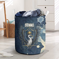 Bennu Ancient Egyptian Laundry Basket with Deep Blue Ink Wash, Winged Bennu Bird and Soul of Ra - Wonder Print Shop