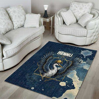 Bennu Ancient Egyptian Area Rug with Deep Blue Ink Wash, Winged Bennu Bird and Soul of Ra - Wonder Print Shop