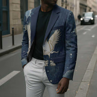 Bennu Ancient Egyptian Blazer with Deep Blue Ink Wash, Winged Bennu Bird and Soul of Ra - Wonder Print Shop