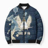 Bennu Ancient Egyptian Bomber Puffer Jacket with Deep Blue Ink Wash, Winged Bennu Bird and Soul of Ra - Wonder Print Shop