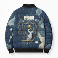 Bennu Ancient Egyptian Bomber Puffer Jacket with Deep Blue Ink Wash, Winged Bennu Bird and Soul of Ra - Wonder Print Shop