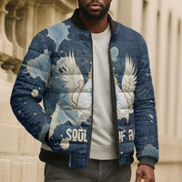 Bennu Ancient Egyptian Bomber Puffer Jacket with Deep Blue Ink Wash, Winged Bennu Bird and Soul of Ra - Wonder Print Shop