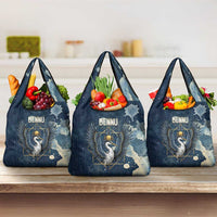 Bennu Ancient Egyptian Grocery Bag with Deep Blue Ink Wash, Winged Bennu Bird and Soul of Ra - Wonder Print Shop