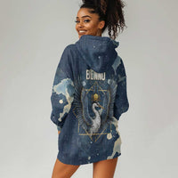 Bennu Ancient Egyptian Hoodie Dress with Deep Blue Ink Wash, Winged Bennu Bird and Soul of Ra - Wonder Print Shop