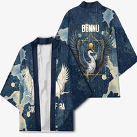 Bennu Ancient Egyptian Kimono with Deep Blue Ink Wash, Winged Bennu Bird and Soul of Ra - Wonder Print Shop