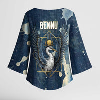 Bennu Ancient Egyptian Kimono Sleeve Blouse with Deep Blue Ink Wash, Winged Bennu Bird and Soul of Ra - Wonder Print Shop