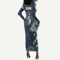 Bennu Ancient Egyptian Long Sleeve Bodycon Dress with Deep Blue Ink Wash, Winged Bennu Bird and Soul of Ra - Wonder Print Shop
