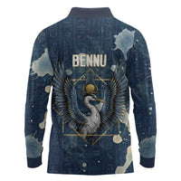 Bennu Ancient Egyptian Long Sleeve Polo Shirt with Deep Blue Ink Wash, Winged Bennu Bird and Soul of Ra - Wonder Print Shop