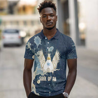 Bennu Ancient Egyptian Polo Shirt with Deep Blue Ink Wash, Winged Bennu Bird and Soul of Ra - Wonder Print Shop