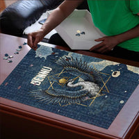 Bennu Ancient Egyptian Puzzle with Deep Blue Ink Wash, Winged Bennu Bird and Soul of Ra - Wonder Print Shop
