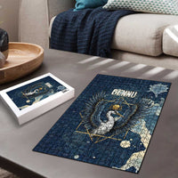 Bennu Ancient Egyptian Puzzle with Deep Blue Ink Wash, Winged Bennu Bird and Soul of Ra - Wonder Print Shop