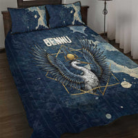 Bennu Ancient Egyptian Quilt Bed Set with Deep Blue Ink Wash, Winged Bennu Bird and Soul of Ra - Wonder Print Shop