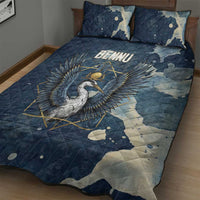 Bennu Ancient Egyptian Quilt Bed Set with Deep Blue Ink Wash, Winged Bennu Bird and Soul of Ra - Wonder Print Shop