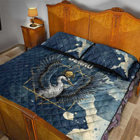 Bennu Ancient Egyptian Quilt Bed Set with Deep Blue Ink Wash, Winged Bennu Bird and Soul of Ra - Wonder Print Shop