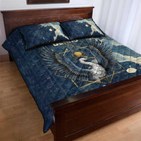 Bennu Ancient Egyptian Quilt Bed Set with Deep Blue Ink Wash, Winged Bennu Bird and Soul of Ra - Wonder Print Shop