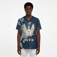 Bennu Ancient Egyptian Scrub Top with Deep Blue Ink Wash, Winged Bennu Bird and Soul of Ra - Wonder Print Shop