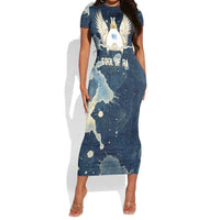 Bennu Ancient Egyptian Short Sleeve Bodycon Dress with Deep Blue Ink Wash, Winged Bennu Bird and Soul of Ra - Wonder Print Shop