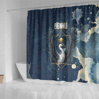 Bennu Ancient Egyptian Shower Curtain with Deep Blue Ink Wash, Winged Bennu Bird and Soul of Ra - Wonder Print Shop