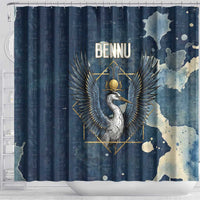 Bennu Ancient Egyptian Shower Curtain with Deep Blue Ink Wash, Winged Bennu Bird and Soul of Ra - Wonder Print Shop