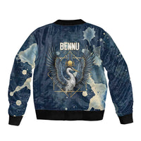 Bennu Ancient Egyptian Sleeve Zip Bomber Jacket with Deep Blue Ink Wash, Winged Bennu Bird and Soul of Ra - Wonder Print Shop