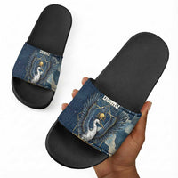 Bennu Ancient Egyptian Slide Sandals with Deep Blue Ink Wash, Winged Bennu Bird and Soul of Ra - Wonder Print Shop