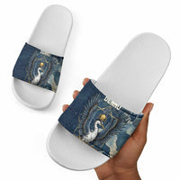 Bennu Ancient Egyptian Slide Sandals with Deep Blue Ink Wash, Winged Bennu Bird and Soul of Ra - Wonder Print Shop