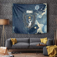 Bennu Ancient Egyptian Tapestry with Deep Blue Ink Wash, Winged Bennu Bird and Soul of Ra - Wonder Print Shop