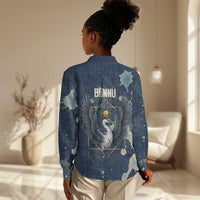Bennu Ancient Egyptian Women Casual Shirt with Deep Blue Ink Wash, Winged Bennu Bird and Soul of Ra - Wonder Print Shop