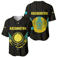 Kazakhstan National Emblem Baseball Jersey with Black Tribal Pattern and Sun Eagle Motif
