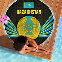 Kazakhstan National Emblem Beach Blanket with Black Tribal Pattern and Sun Eagle Motif