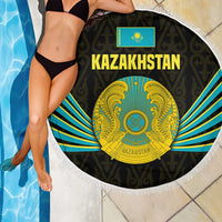 Kazakhstan National Emblem Beach Blanket with Black Tribal Pattern and Sun Eagle Motif