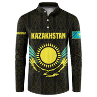 Kazakhstan National Emblem Button Sweatshirt with Black Tribal Pattern and Sun Eagle Motif
