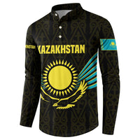 Kazakhstan National Emblem Button Sweatshirt with Black Tribal Pattern and Sun Eagle Motif