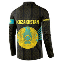 Kazakhstan National Emblem Button Sweatshirt with Black Tribal Pattern and Sun Eagle Motif