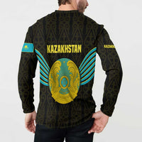 Kazakhstan National Emblem Button Sweatshirt with Black Tribal Pattern and Sun Eagle Motif