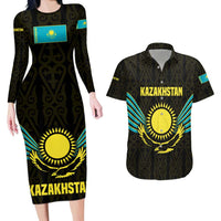 Kazakhstan National Emblem Couples Matching Long Sleeve Bodycon Dress and Hawaiian Shirt with Black Tribal Pattern and Sun Eagle Motif