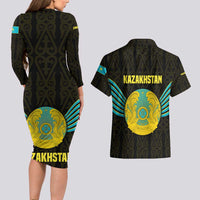 Kazakhstan National Emblem Couples Matching Long Sleeve Bodycon Dress and Hawaiian Shirt with Black Tribal Pattern and Sun Eagle Motif